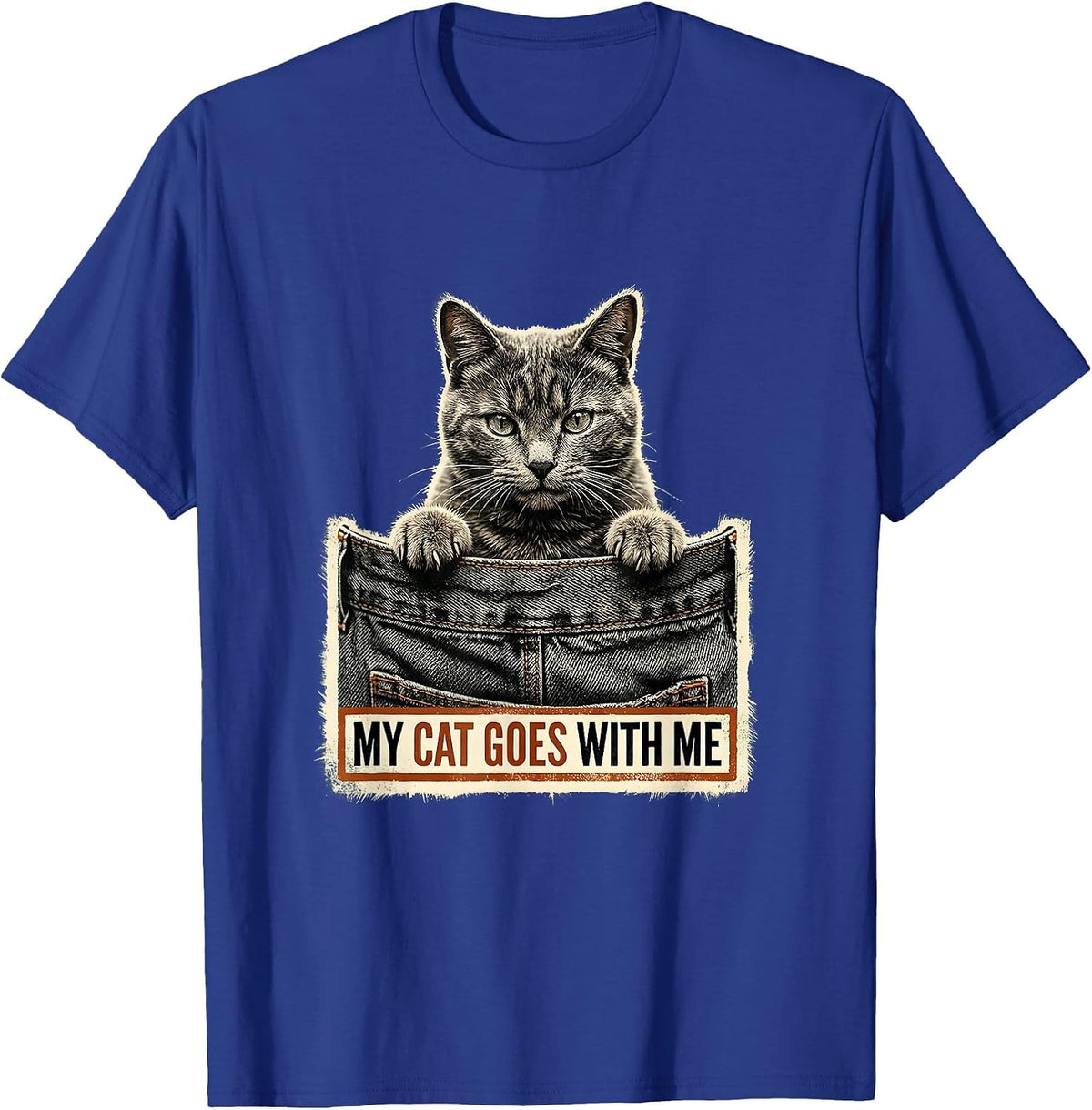 Men's My Cat Goes With Me Rubber Stamp Cat Lover Gift T-Shirt - Royal Blue