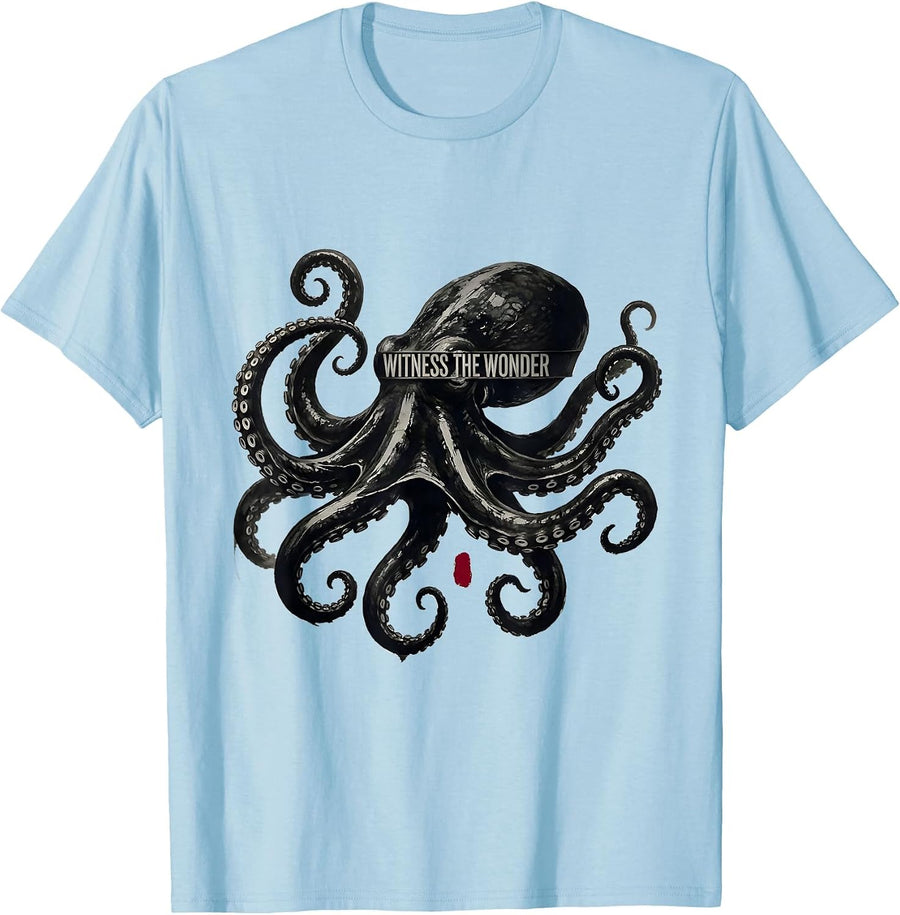 Men's Witness The Wonder Ink Brush Octopus Lover Ocean Sea T-Shirt - Baby Blue