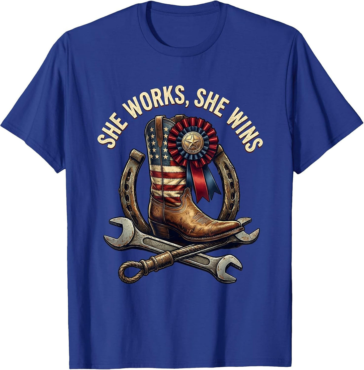 She Works She Wins Labor Day Graphic Design T-Shirt - Royal Blue