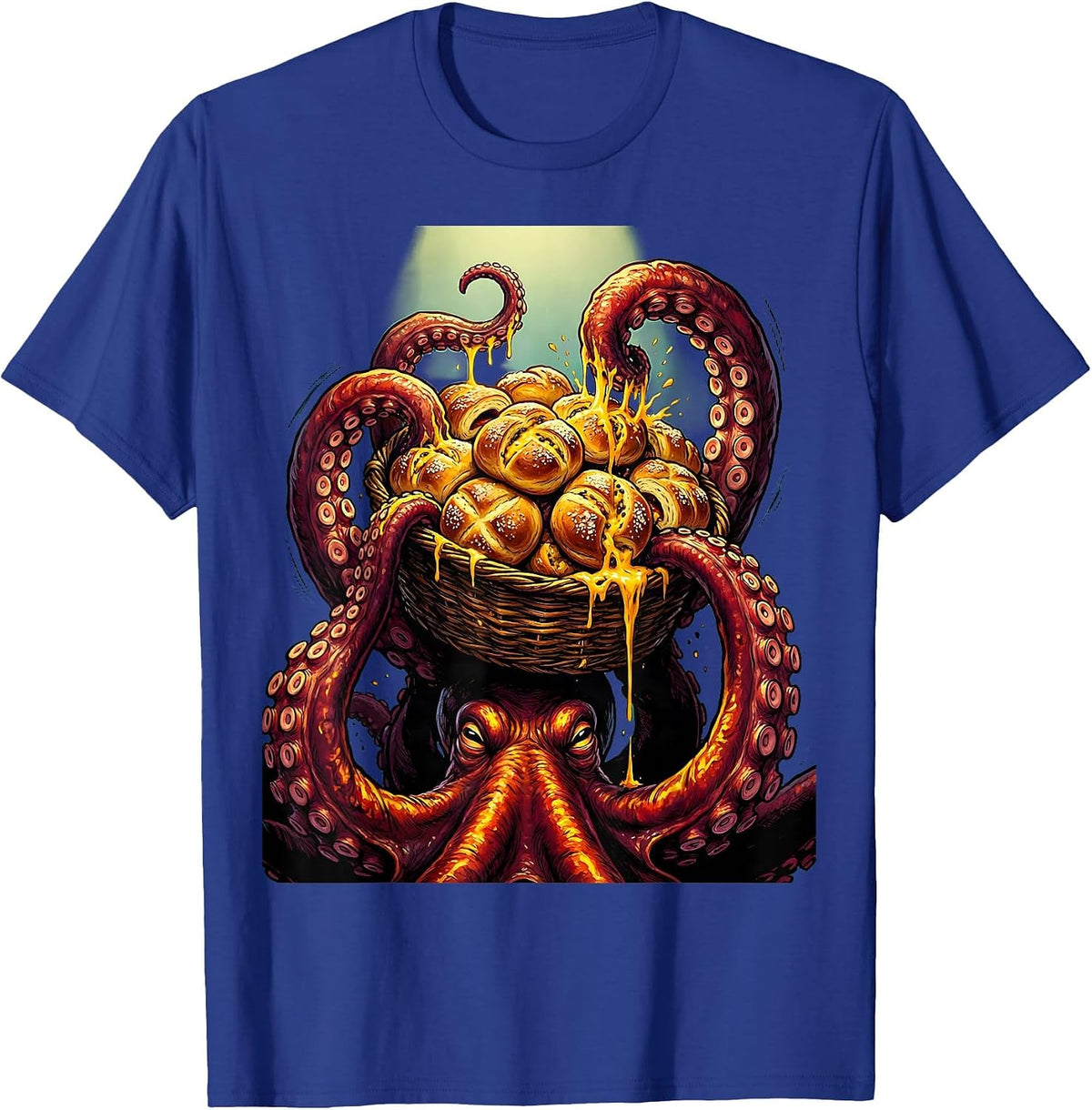 Octopus Cheesy Bread Basket Funny Food Art T-Shirt - Royal Blue