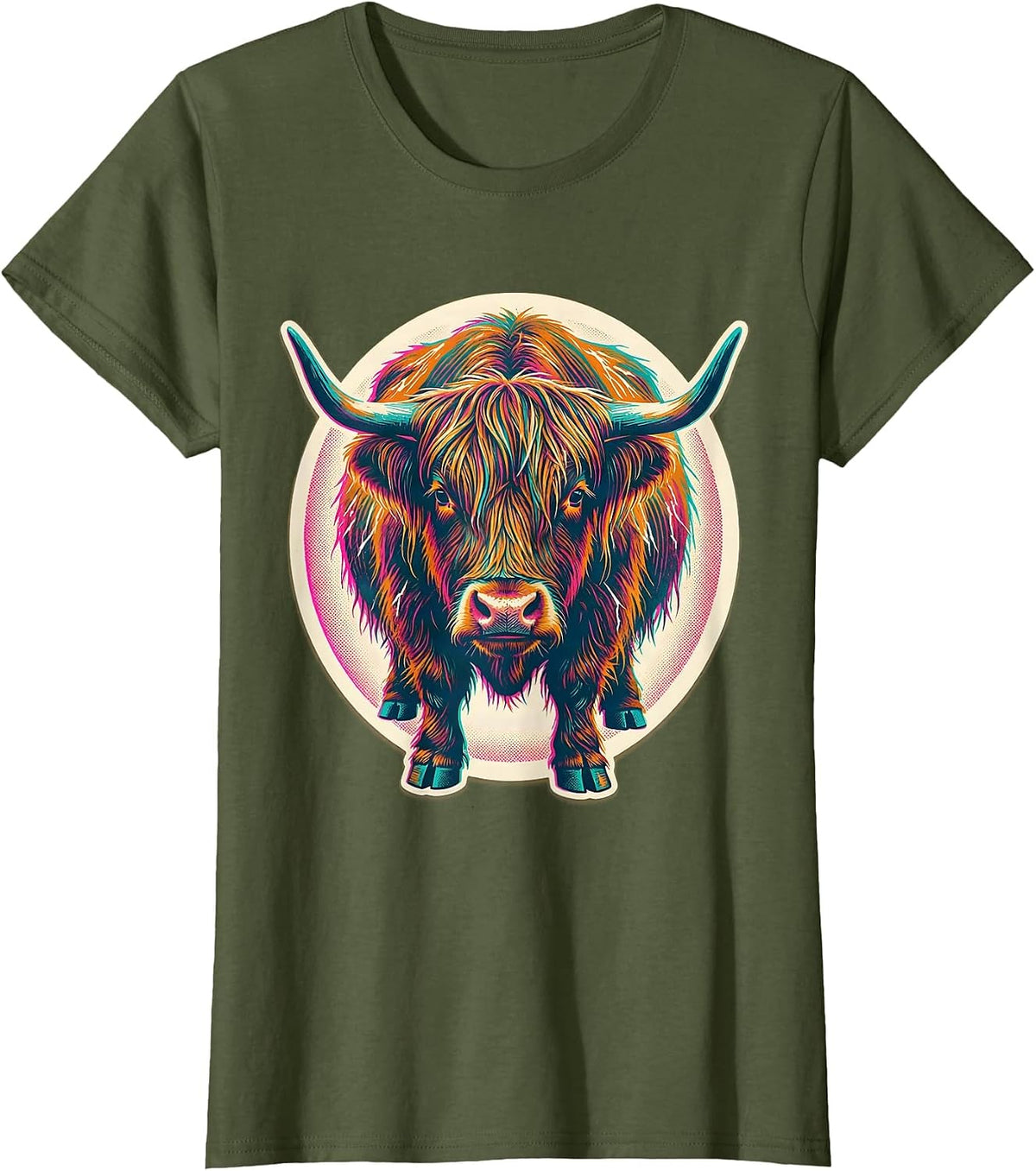 Women's Sealed Highland Cow Badge Funny Farm Animal Lover Humor T-Shirt - Olive Green
