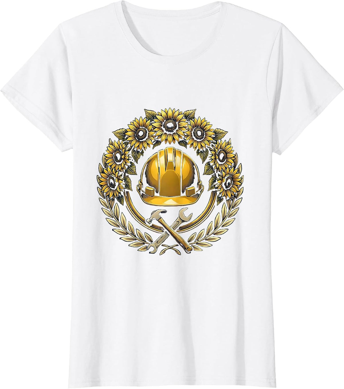 Labor Day Hard Hat Sunflower Wreath Illustration T-Shirt - White