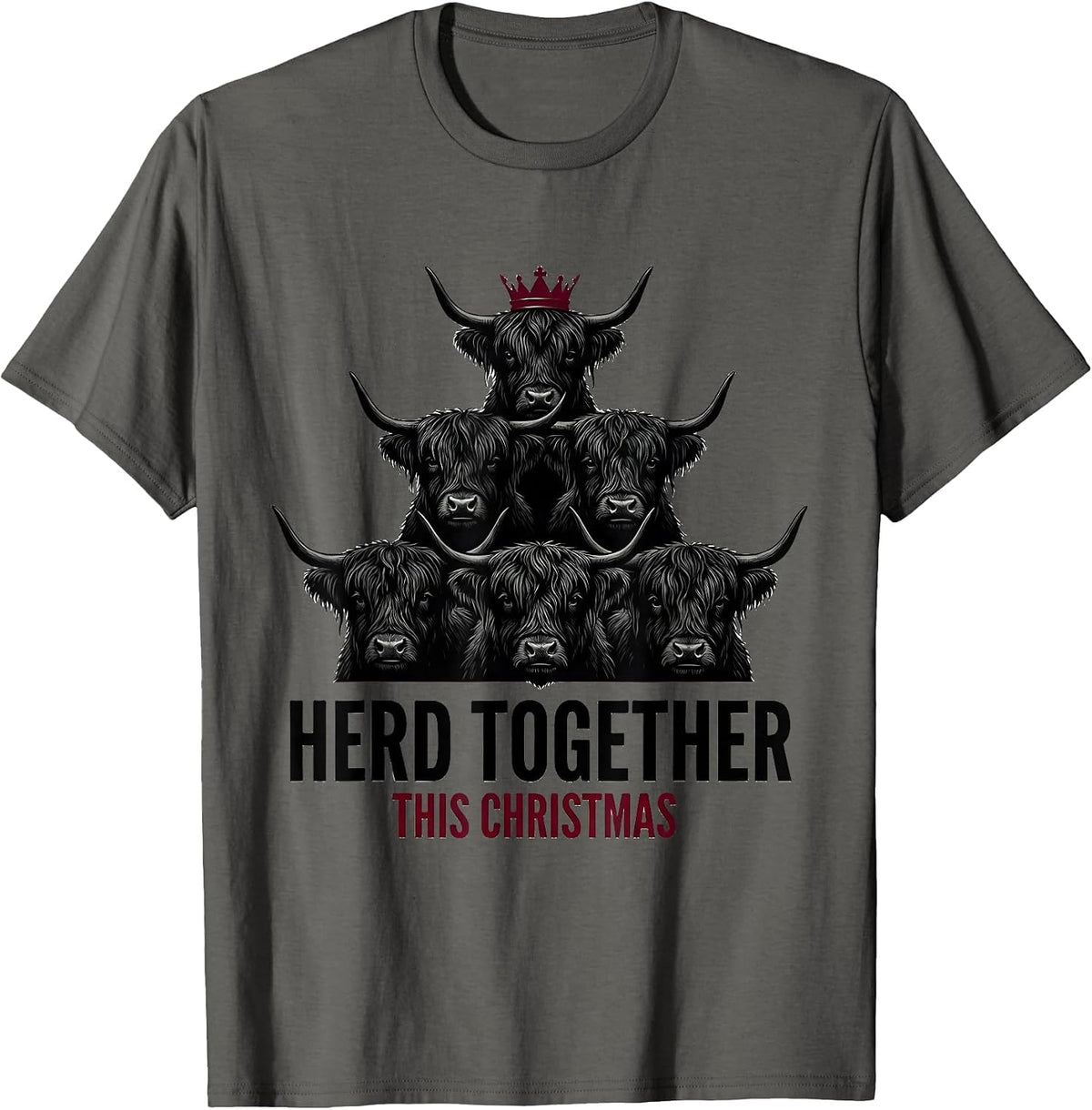 Herd Together This Christmas Funny Highland Cow Farm Humor T-Shirt - Asphalt Grey