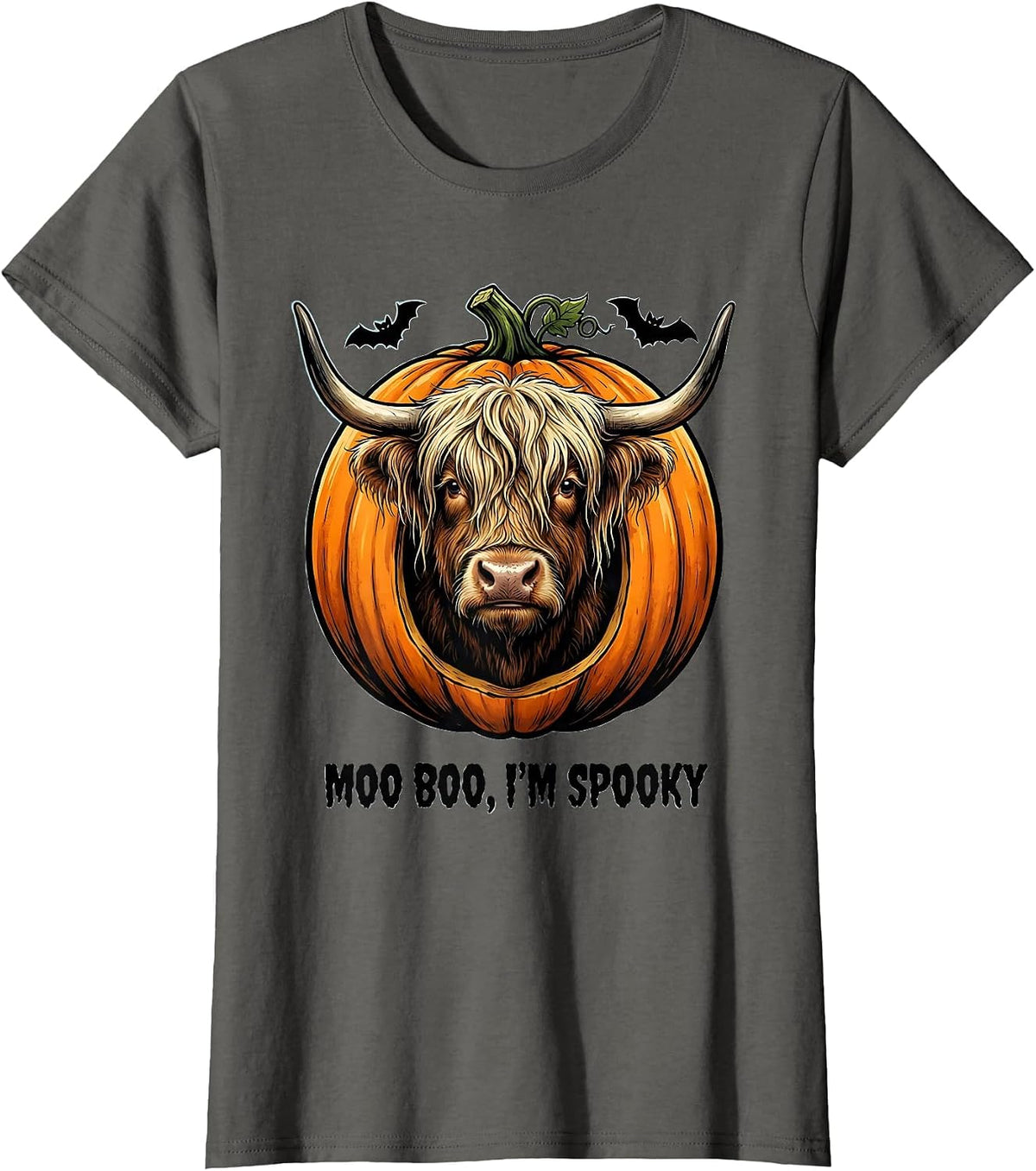 Women's Moo Boo, I’m Spooky Cartoon Highland Cow Halloween Costume T-Shirt - Asphalt Grey