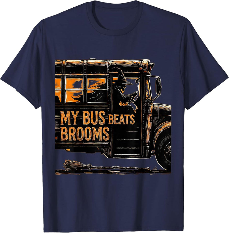 My Bus Beats Brooms Funny School Bus Driver Halloween Witch T-Shirt - Navy Blue