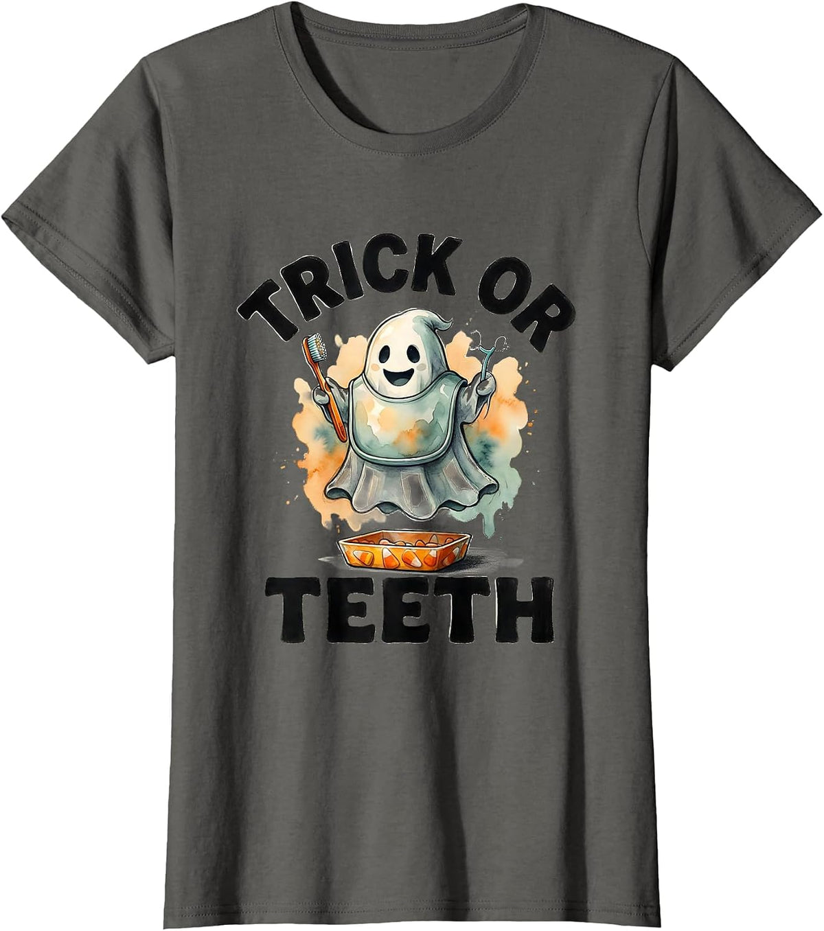 Women's Trick Or Teeth Watercolor Dental Ghost Halloween Dentist T-Shirt - Asphalt Grey