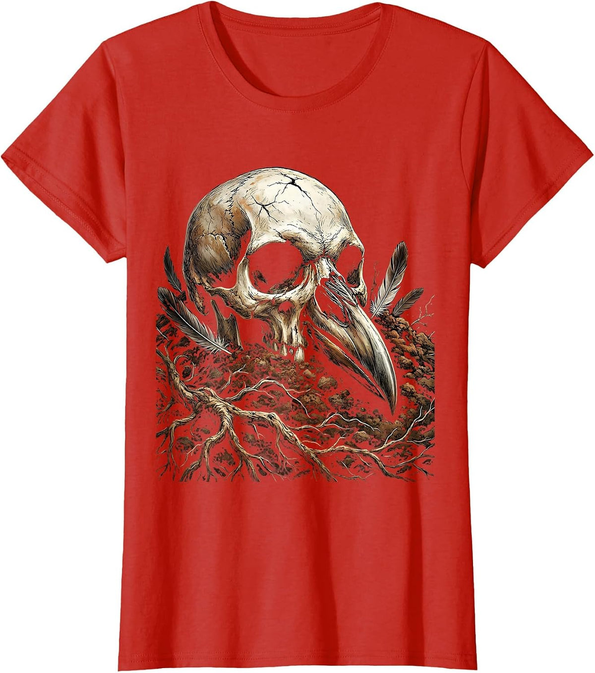 Crow Skull Half Buried in Dirt Dark Gothic Art T-Shirt - Red