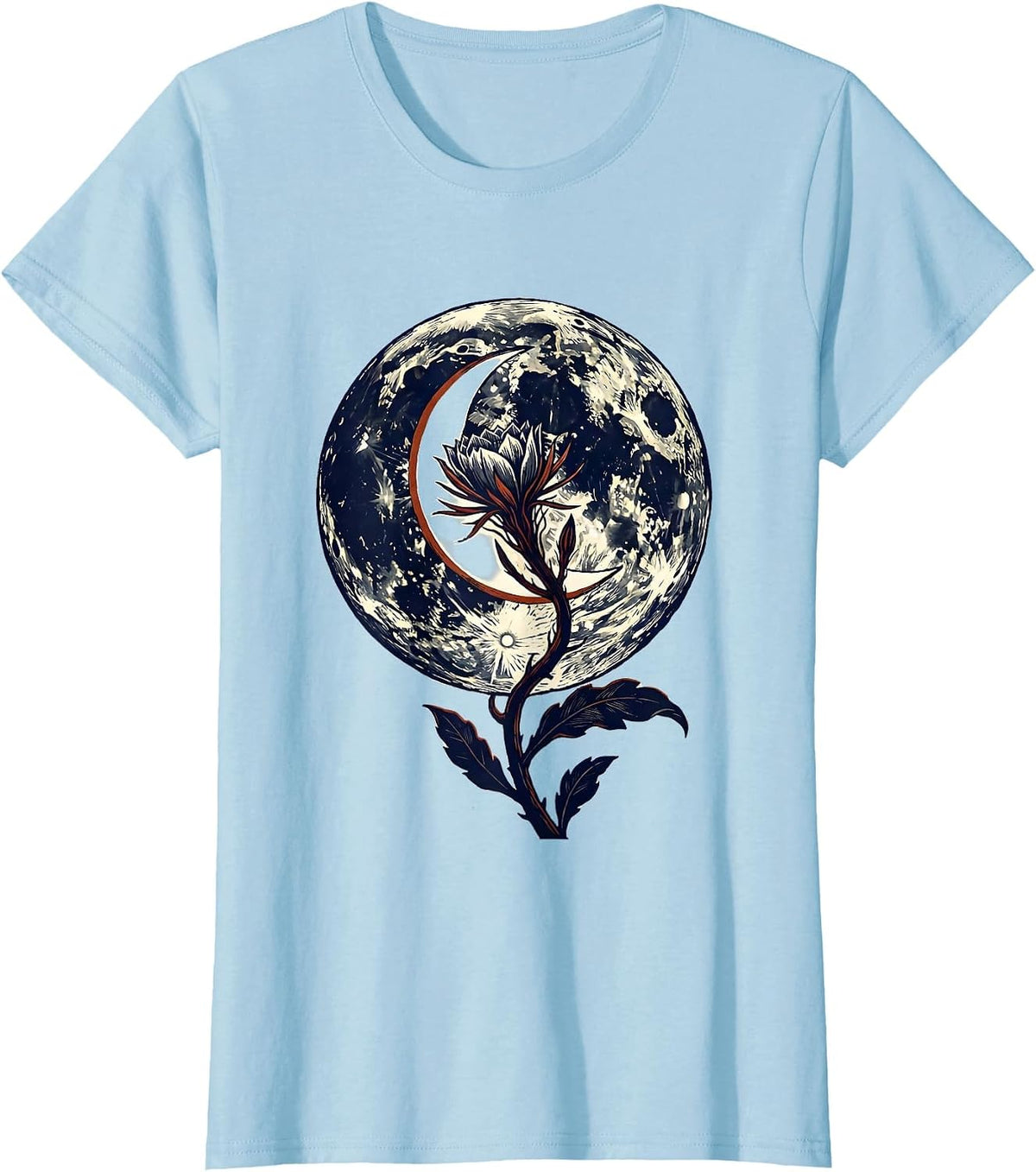 Women's Lunar Crescent Night-Blooming Stem Linocut Boho Celestial T-Shirt - Baby Blue