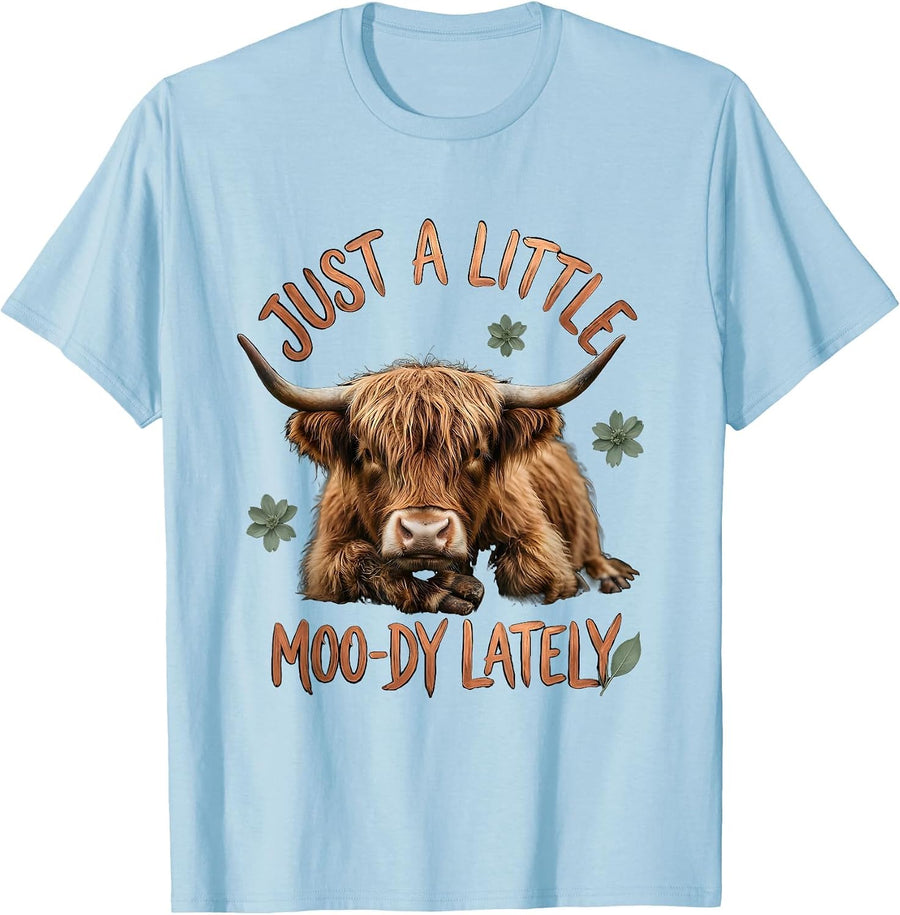 Men's Just A Little Moo-dy Lately Funny Highland Cow Boho T-Shirt - Baby Blue