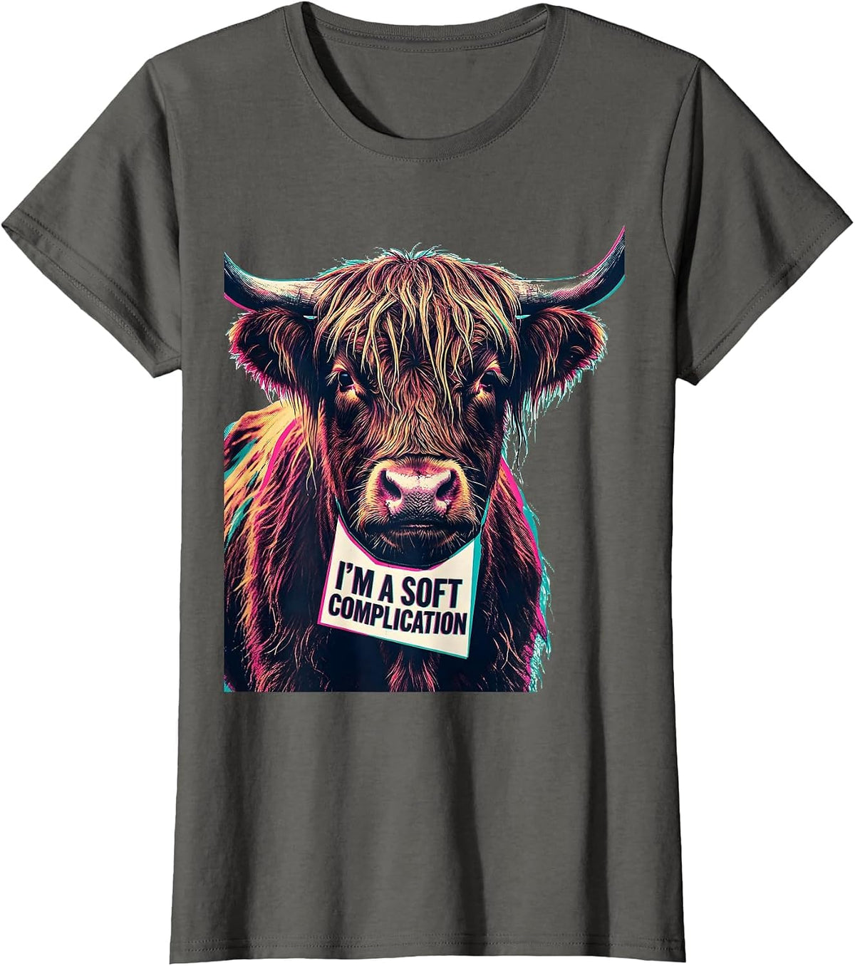 Women's I'm A Soft Complication Funny Highland Cow Novelty Humor T-Shirt - Asphalt Grey