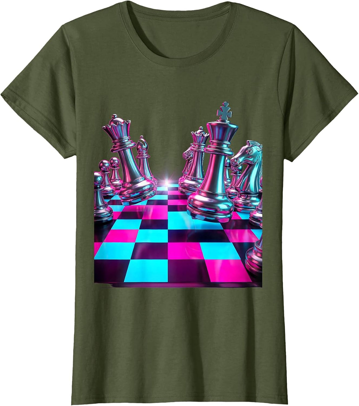 Women's Chess Pieces Scattered Checkered Board Graphic T-Shirt - Olive Green