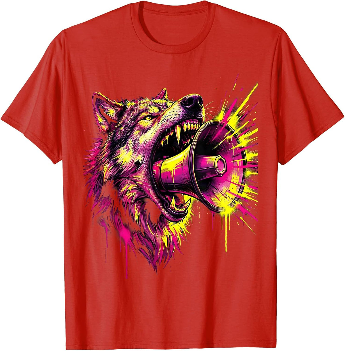 Men's Wolf Howling Megaphone Rock Music Graphic T-Shirt - Red