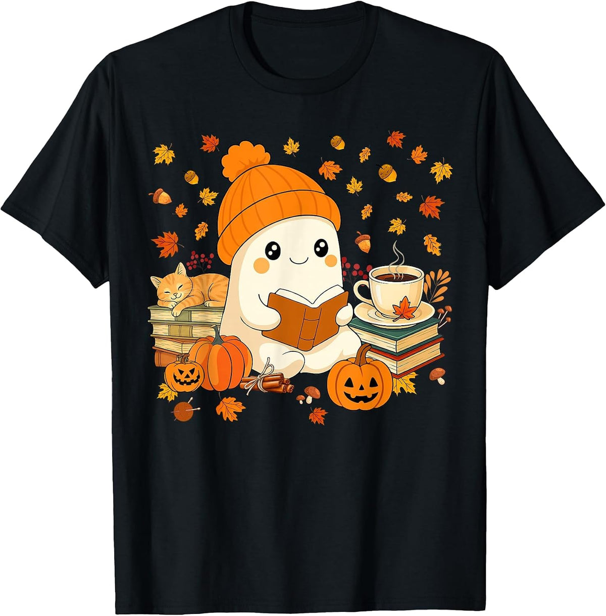 Cute Ghost Reading Book Lovers Autumn Fall Halloween Ghost T-Shirt - Black