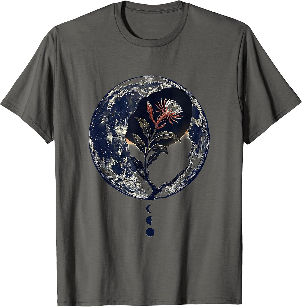 Lunar Crescent Night-Blooming Stem Linocut Boho Celestial T-Shirt - Asphalt Grey