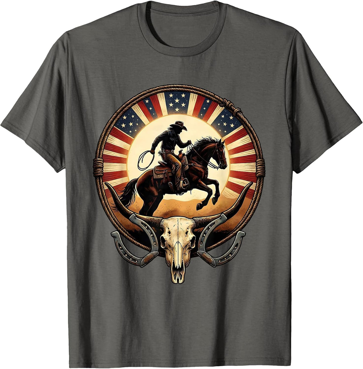 Cowboy Silhouette Desert Sun Rodeo Graphic T-Shirt - Asphalt Grey