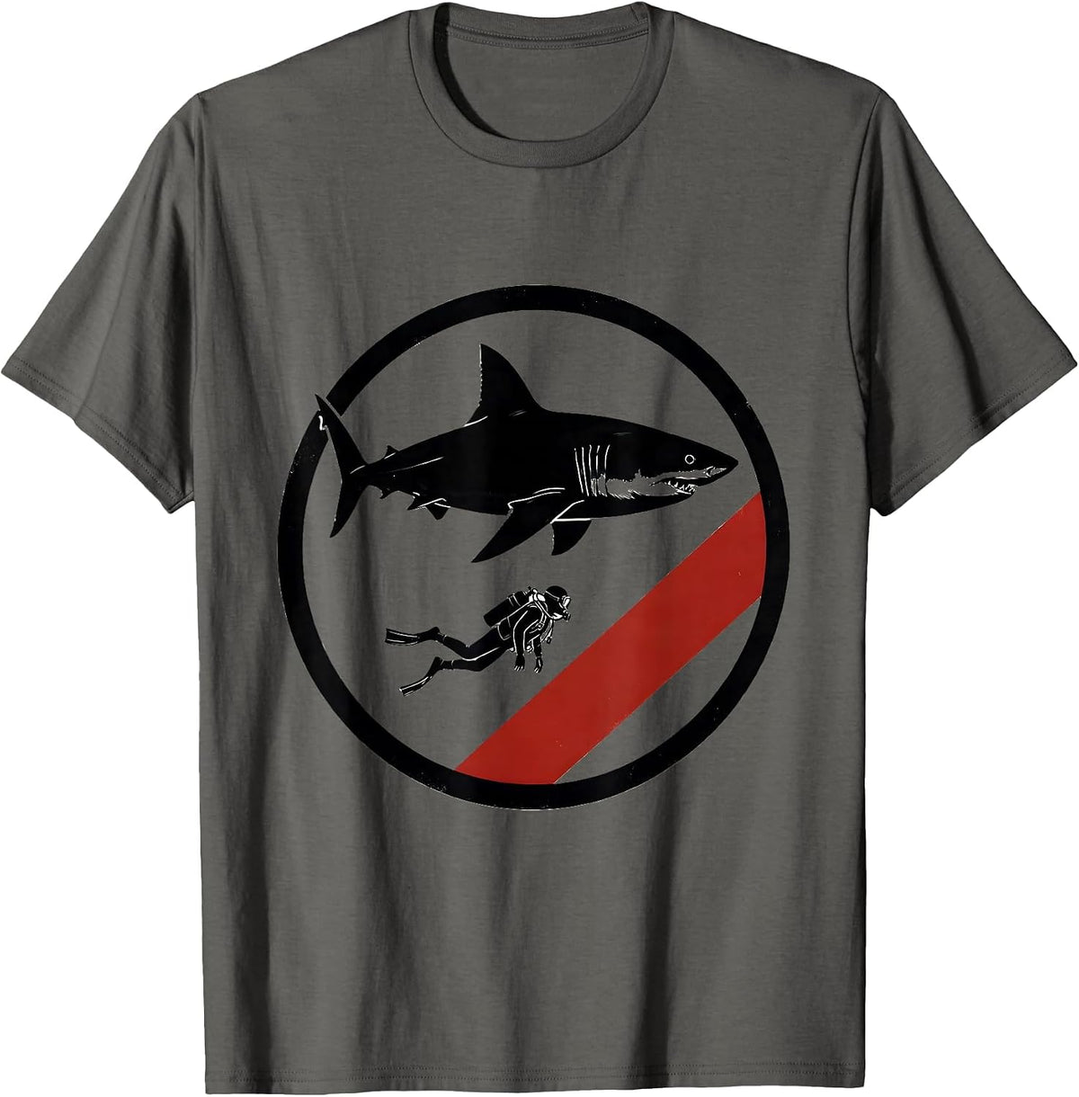 Shark Diver Shield Scuba Flag Stencil Graphic T-Shirt - Asphalt Grey