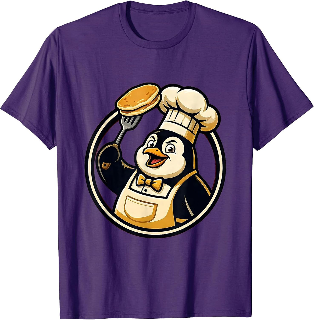 Penguin Chef Flipping Pancake Funny Cooking Art T-Shirt - Purple