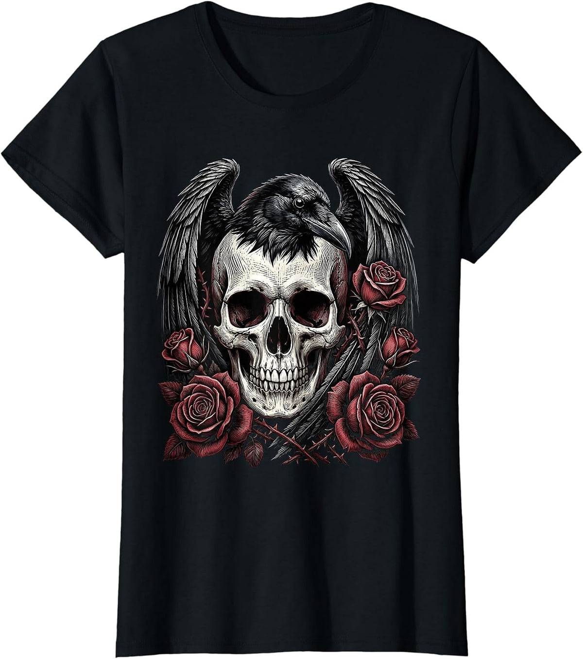 Raven Skull With Feathers and Roses Gothic Art T-Shirt - Black