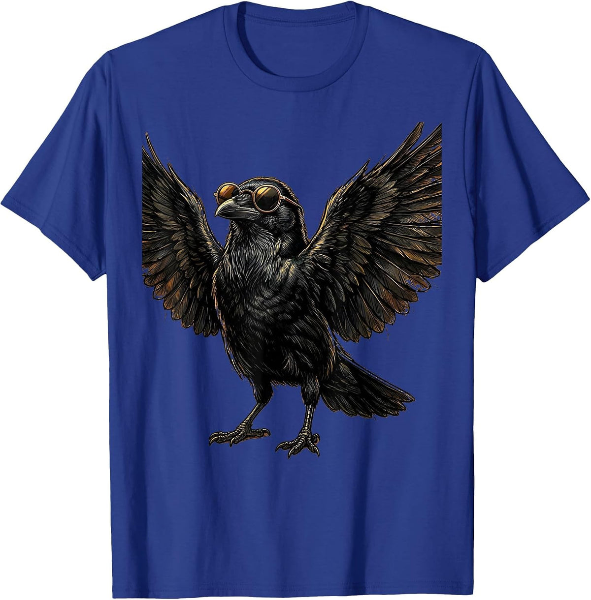 Cool Crow in Sunglasses Raised Feathers Graphic T-Shirt - Royal Blue