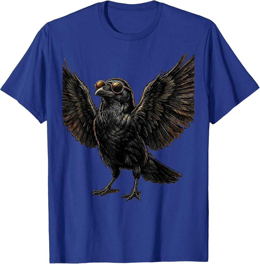 Cool Crow in Sunglasses Raised Feathers Graphic T-Shirt - Royal Blue