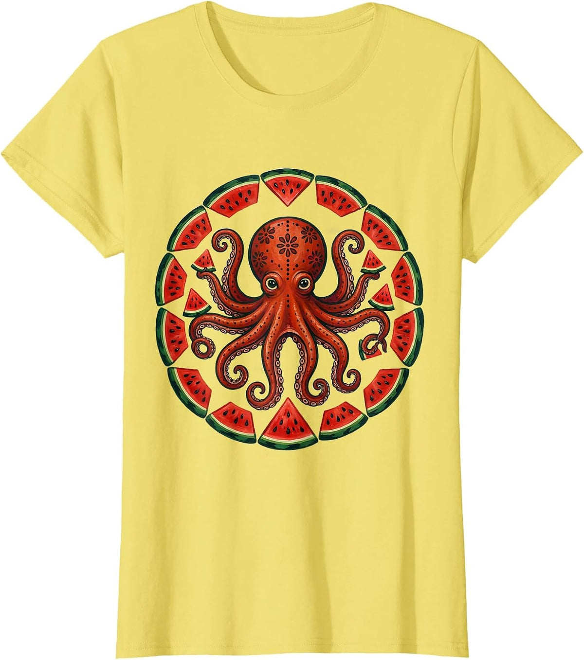 Women's Octopus Watermelon Slice Funny Summer Design T-Shirt - Lemon Yellow