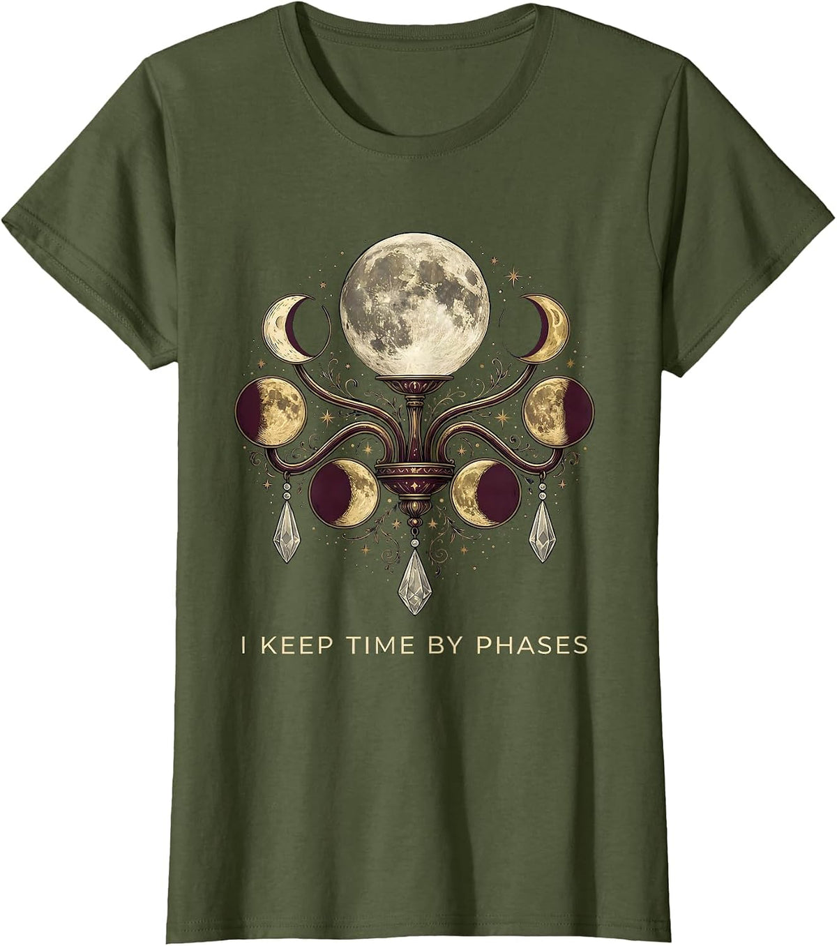 Women's I Keep Time By Phases Whimsigoth Celestial Moon Phase T-Shirt - Olive Green