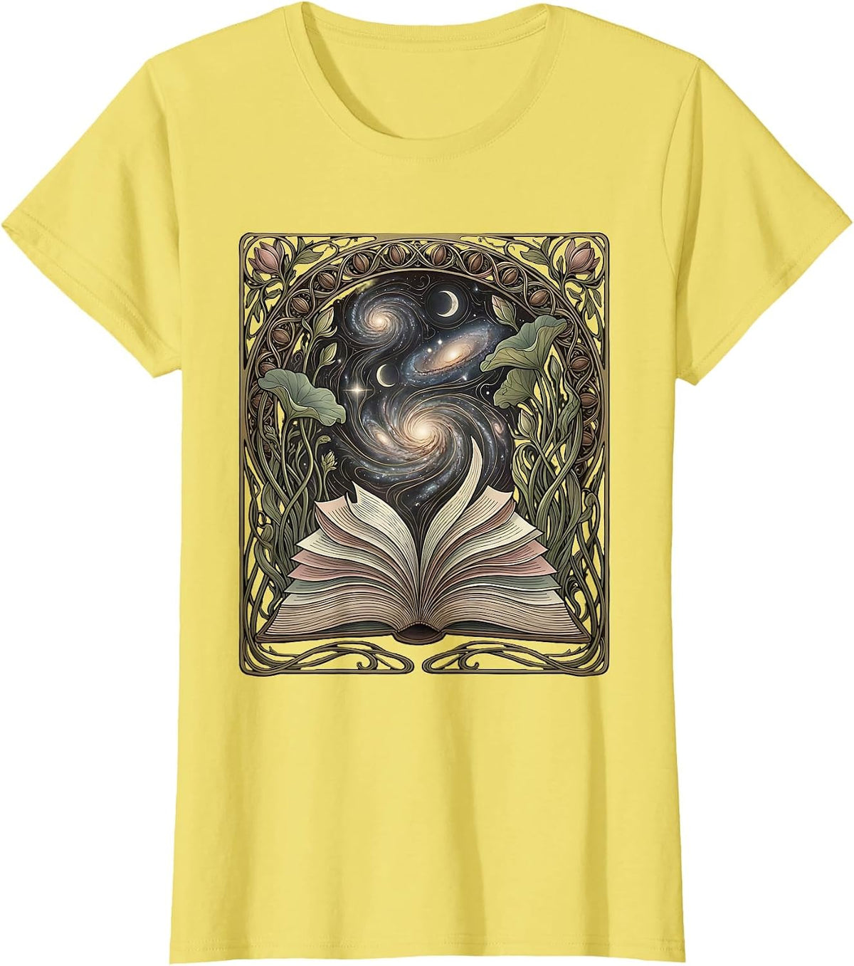 Open Book Galaxy Illustration Cosmic Reading T-Shirt - Lemon Yellow