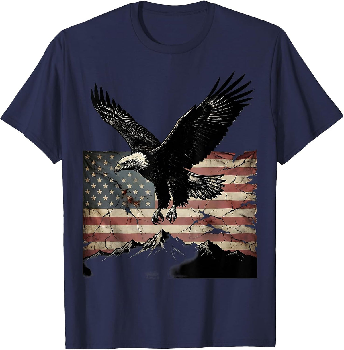 Bald Eagle Soaring Over Mountain Range T-Shirt - Navy Blue