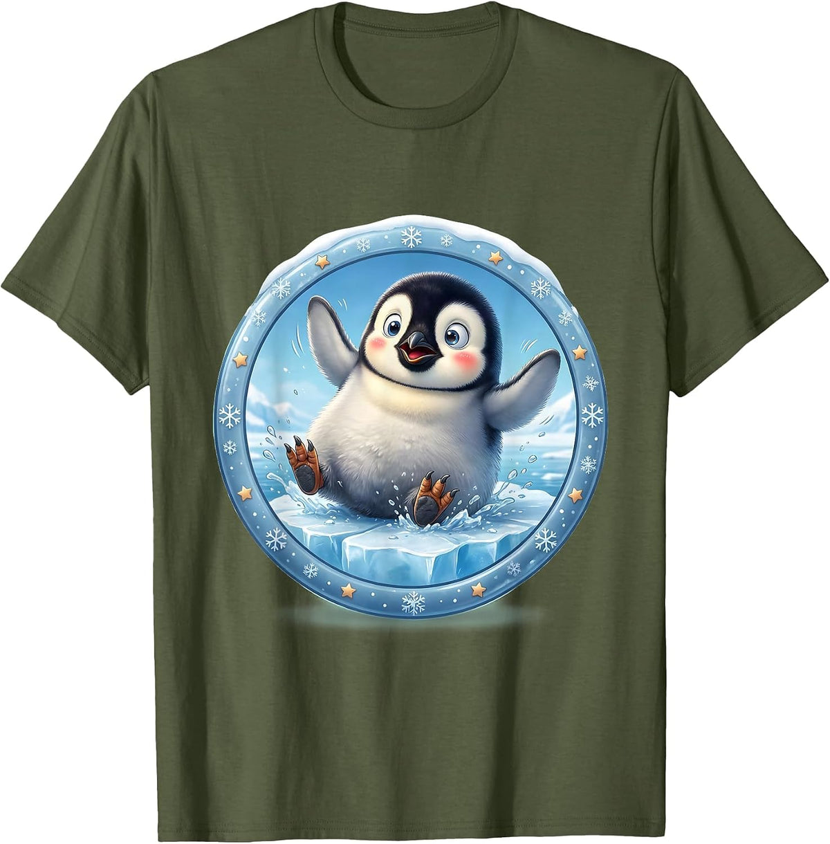 Men's Baby Penguin Slipping on Ice Funny Cute Design T-Shirt - Olive Green