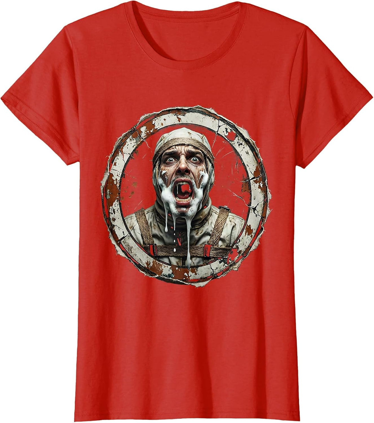 Women's Rabies Frothing Straitjacket Humor Graphic T-Shirt - Red