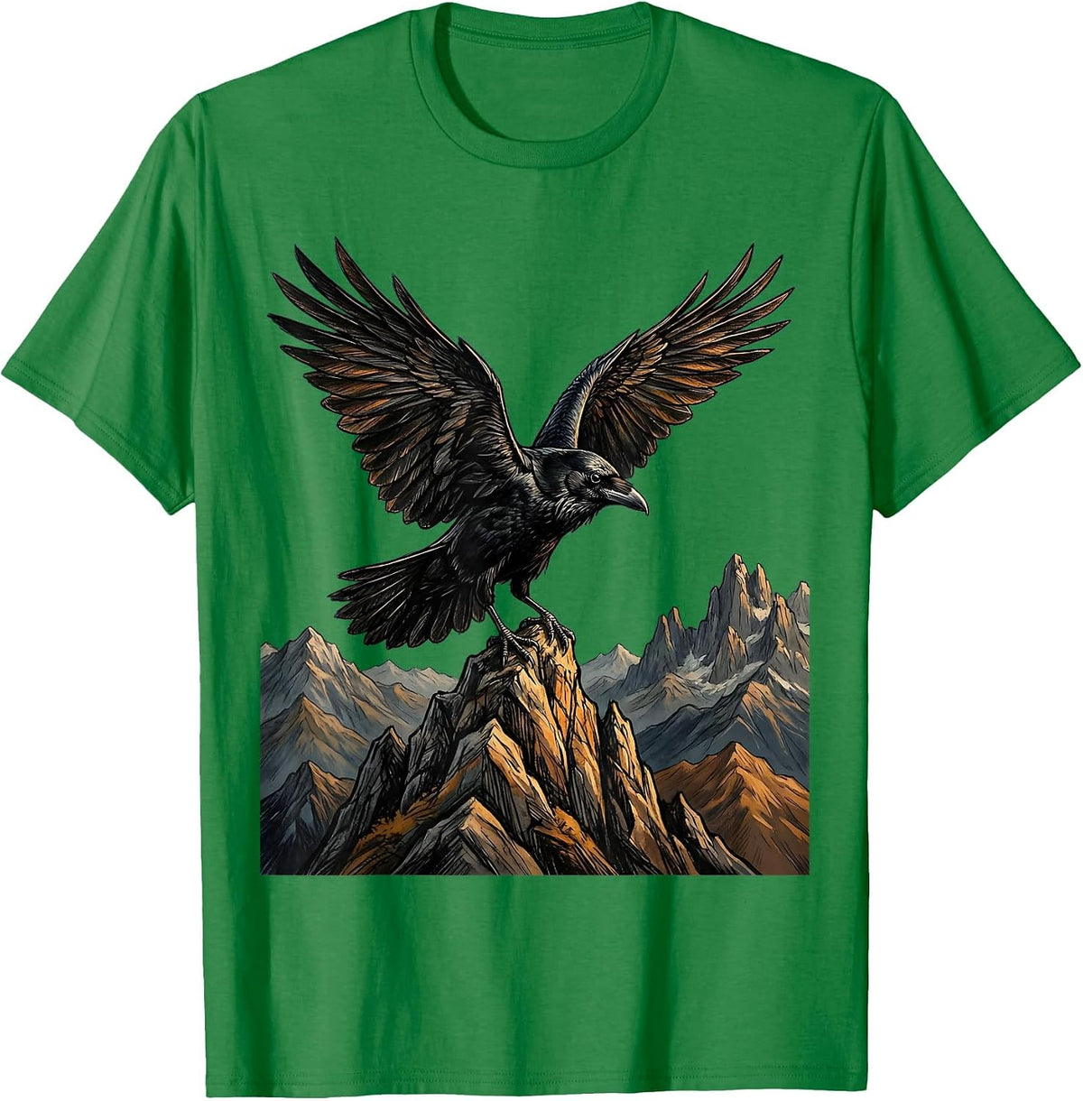 Men's Crow With Outstretched Wings On Mountain Peak T-Shirt - Kelly Green