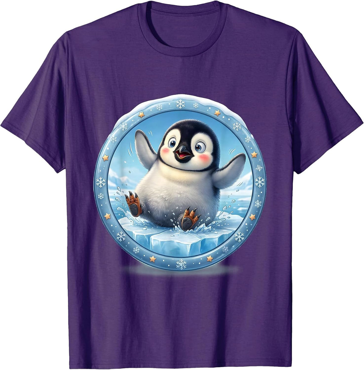 Men's Baby Penguin Slipping on Ice Funny Cute Design T-Shirt - Purple