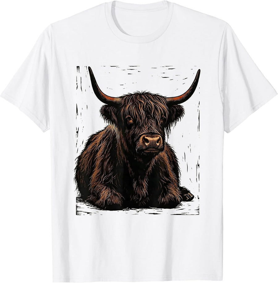 Men's Lounging Highland Cow Linocut Cute Cow Lover Graphic T-Shirt - White