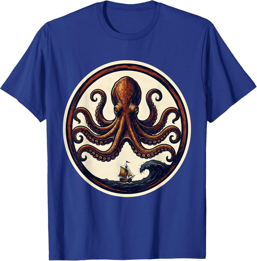 Kraken Badge Vintage Octopus Lover Marine Biology T-Shirt - Royal Blue