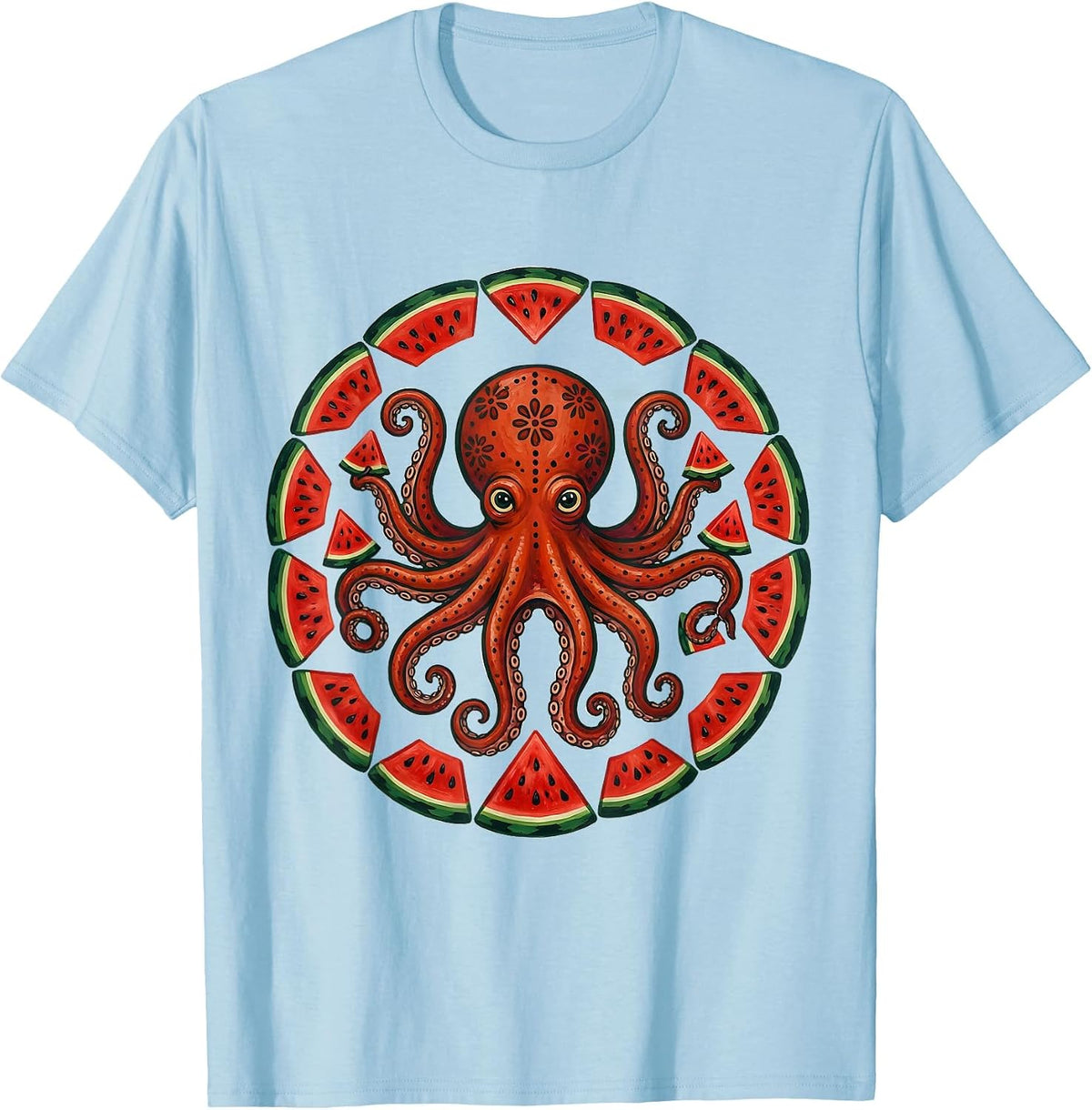 Men's Octopus Watermelon Slice Funny Summer Design T-Shirt - Baby Blue