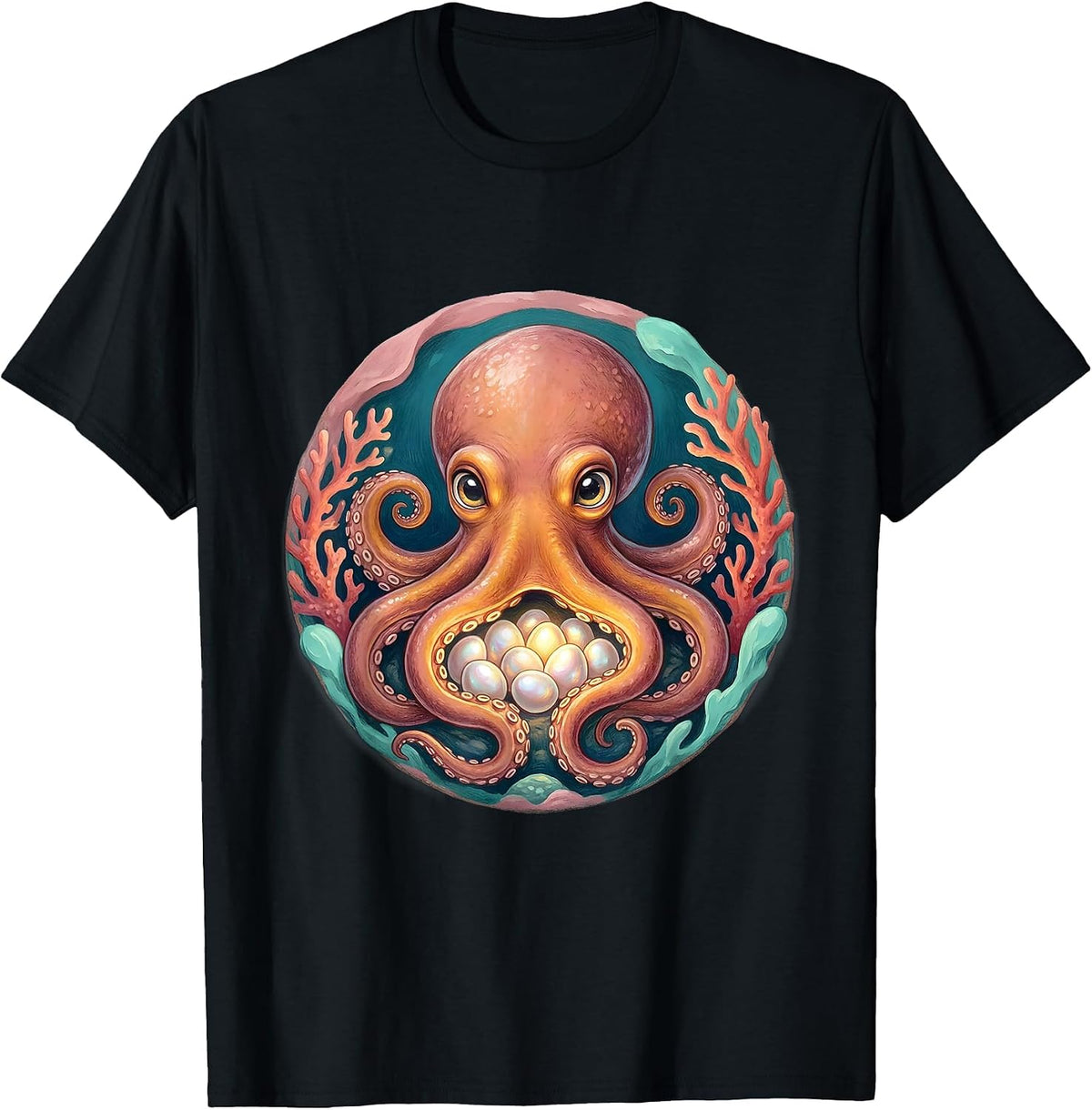 Men's Mother Octopus Sheltering Eggs Protective Mom Art T-Shirt - Black
