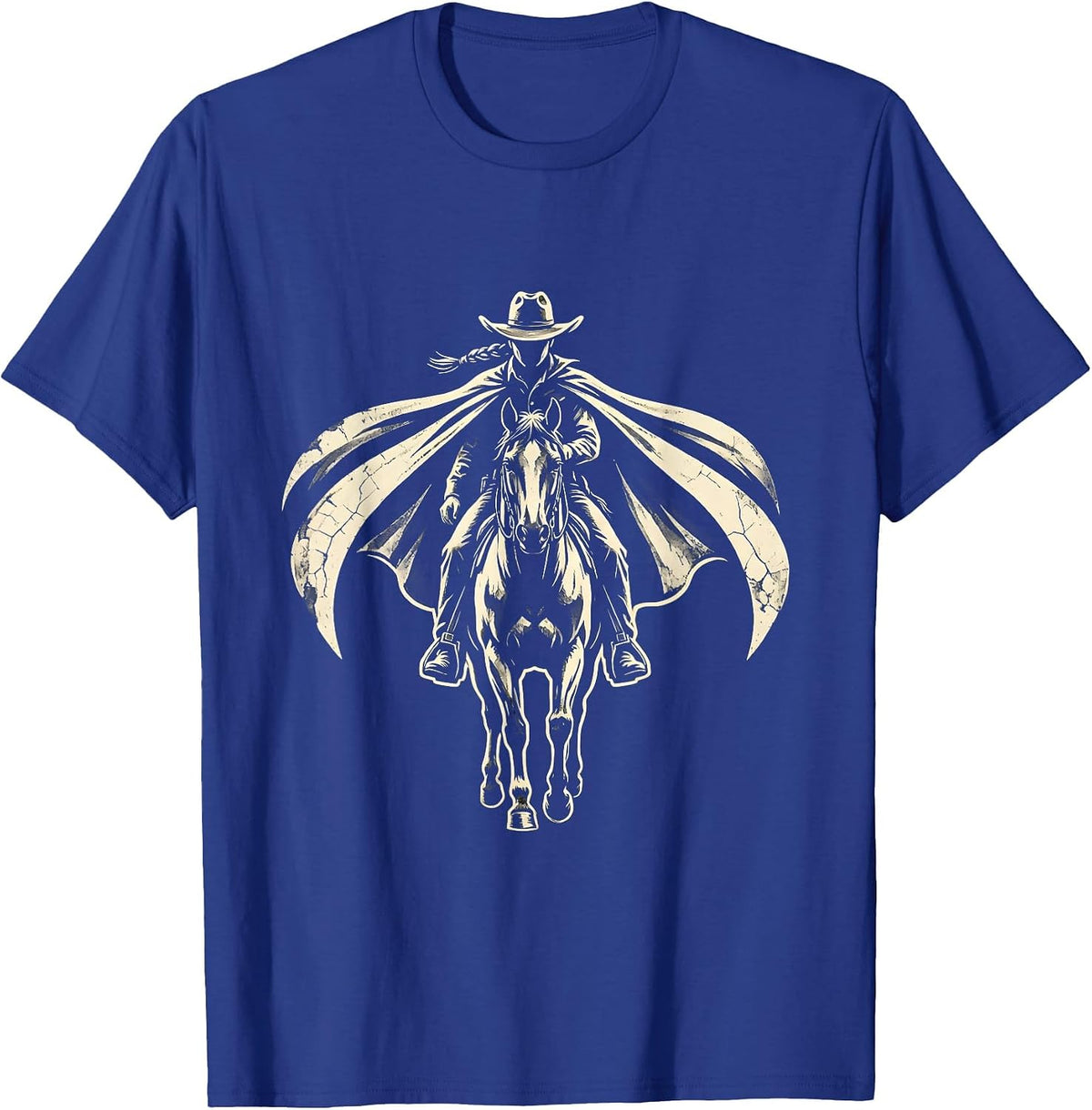 Black Cowgirl Braided Cape Horseback Illustration T-Shirt - Royal Blue
