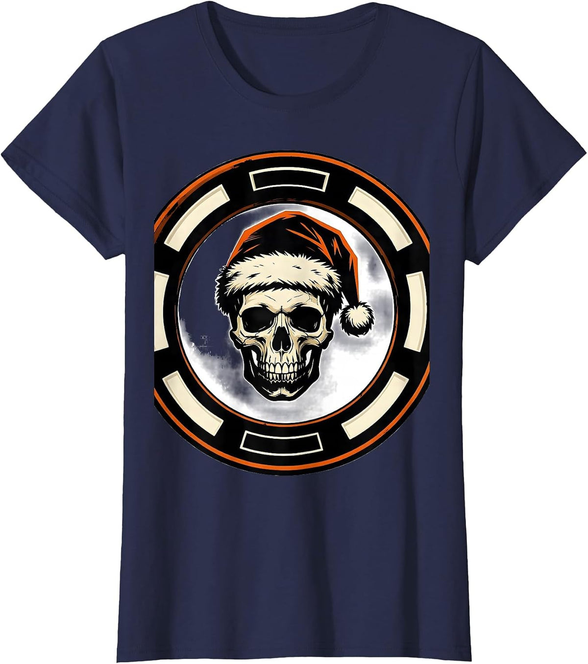 Women's Heavy Shield Seal Gothic Skull Santa Hat Punk Rock Christmas T-Shirt - Navy Blue