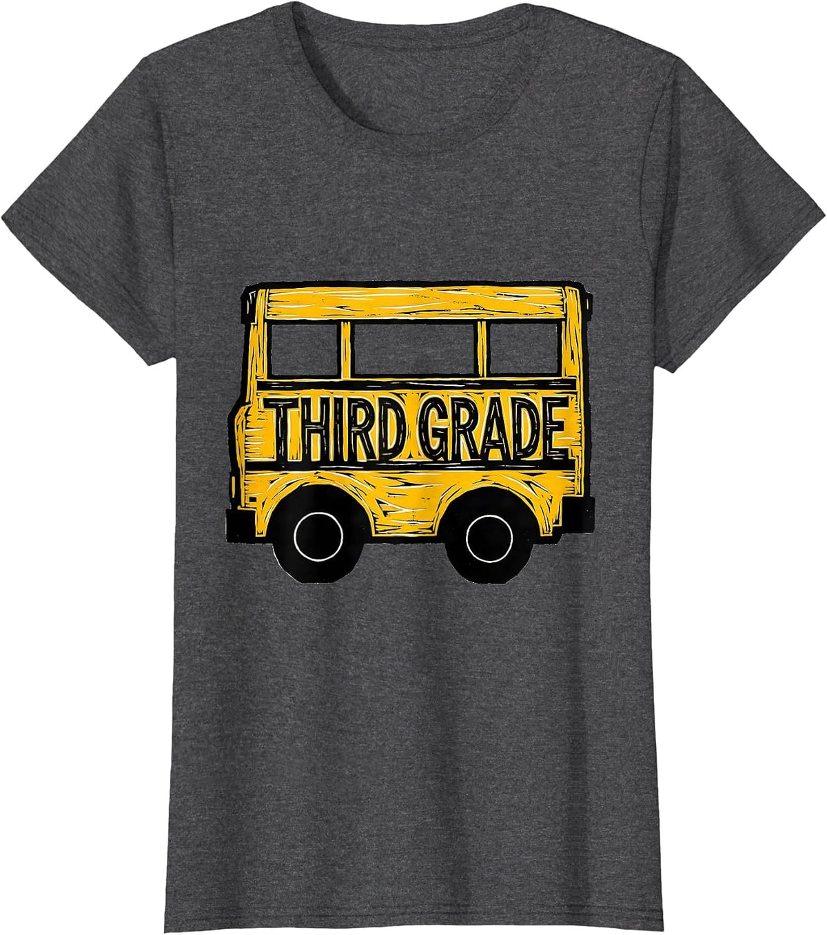 Women's Third Grade Linocut School Bus Teacher Student First Day T-Shirt - Dark Heather Grey