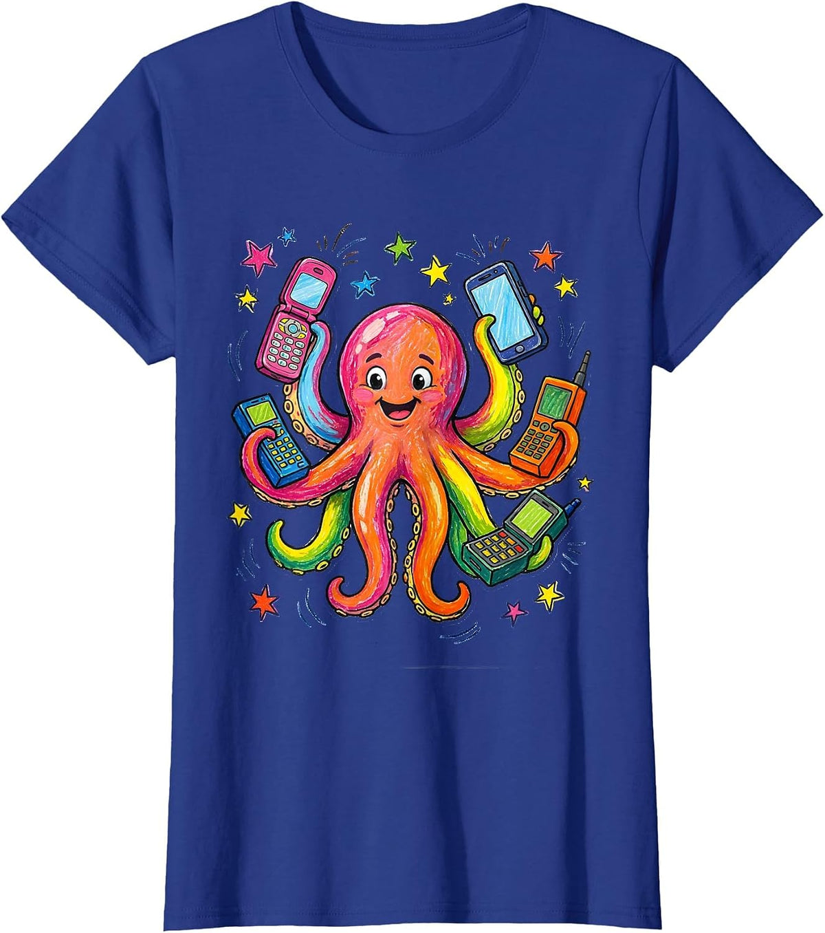 Women's Octopus Multitasking With Eight Phones Funny Art T-Shirt - Royal Blue