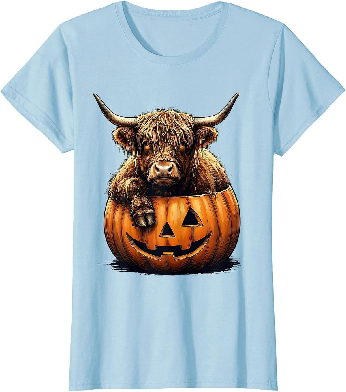 Shaggy Highland Cow Pumpkin Bucket Halloween Humor T-Shirt - Baby Blue