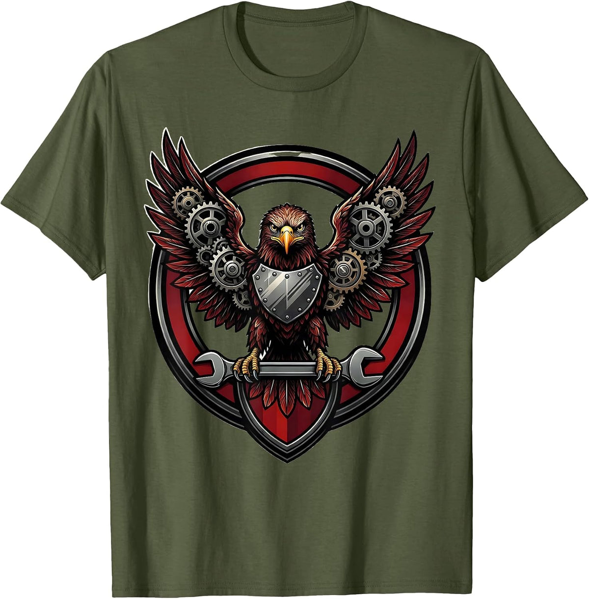 Men's Mechanical Eagle Gear Wing Steampunk Illustration T-Shirt - Olive Green