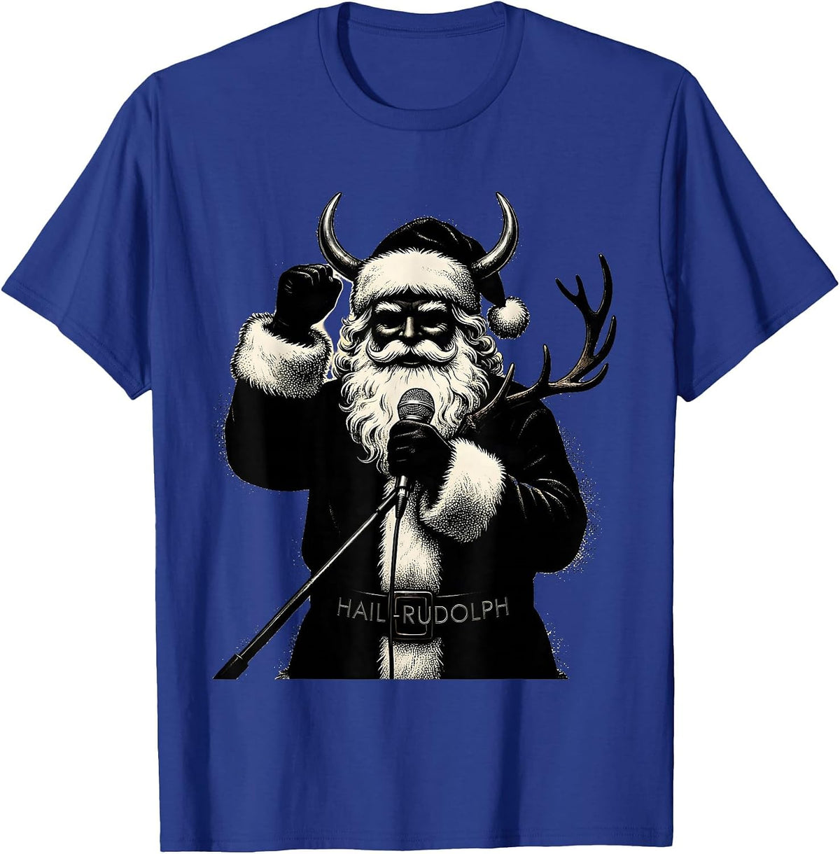 Men's Hail Rudolph Blackwork Dotwork Heavy Metal Santa Parody T-Shirt - Royal Blue