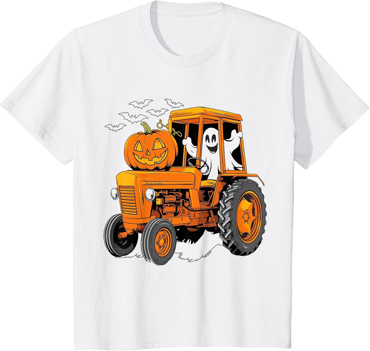 Farmer Tractor Ghost and Pumpkin Halloween Costume T-Shirt - White