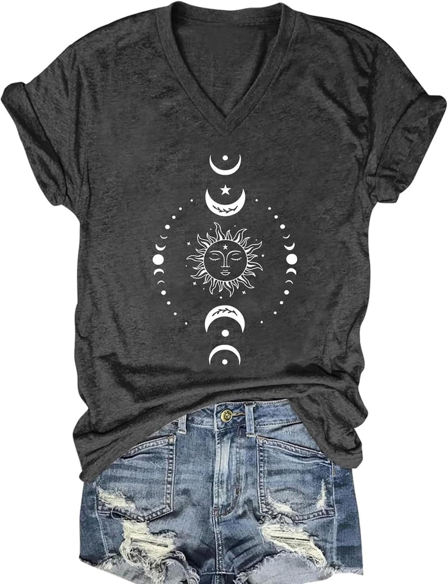 Women's T-Shirts V-Neck Summer Graphic Tee Vintage Boho Flowers Short Sleeve T Shirt Tops - E-dark Gray1