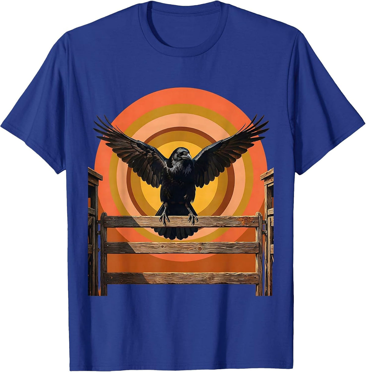 Crow on Rodeo Gate Western Graphic Design T-Shirt - Royal Blue