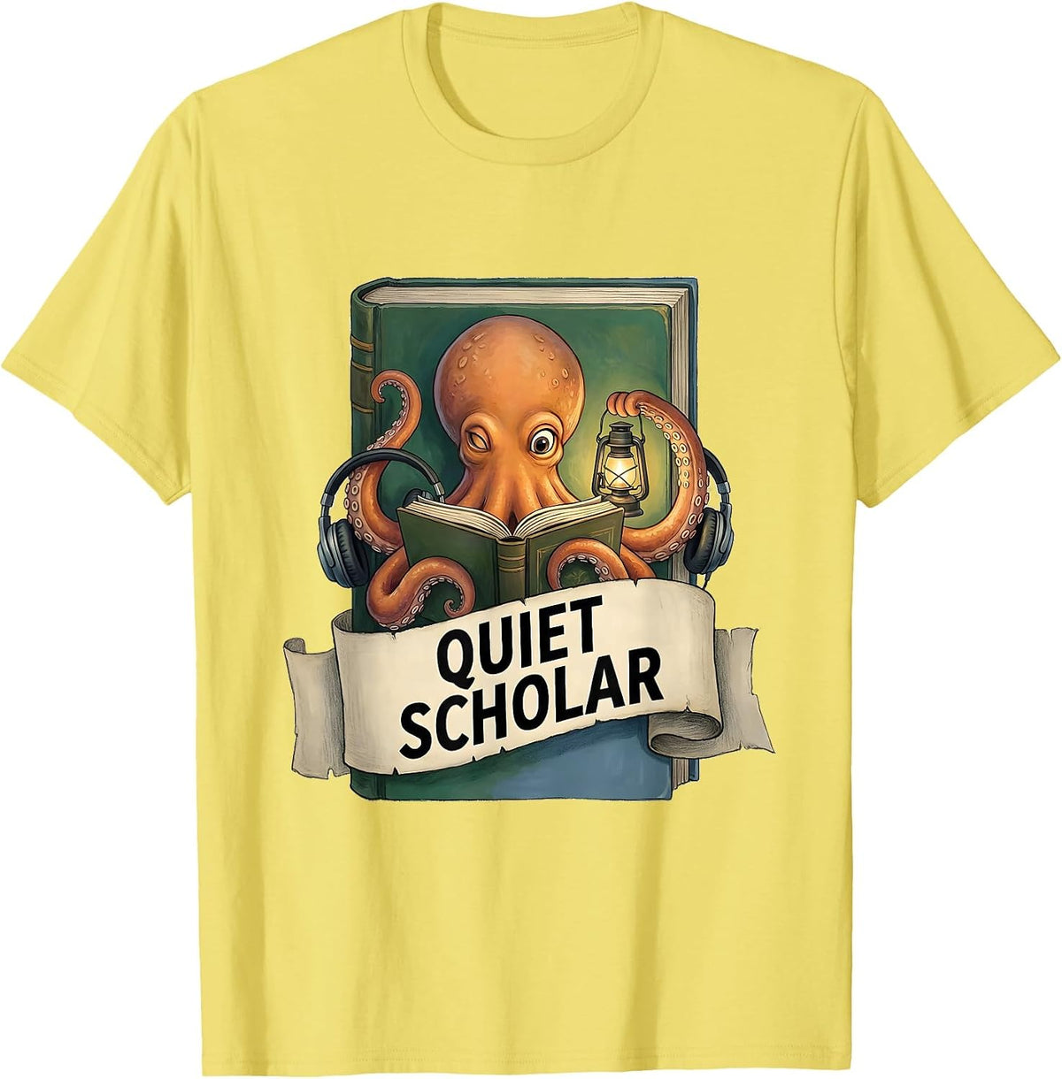 Men's Quiet Scholar Storybook Octopus Book Lover Reader T-Shirt - Lemon Yellow