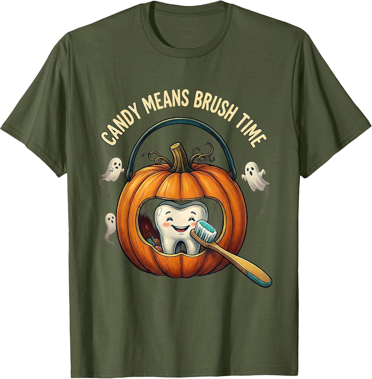 Men's Candy Means Brush Time Playful Halloween Dentist Dental T-Shirt - Olive Green