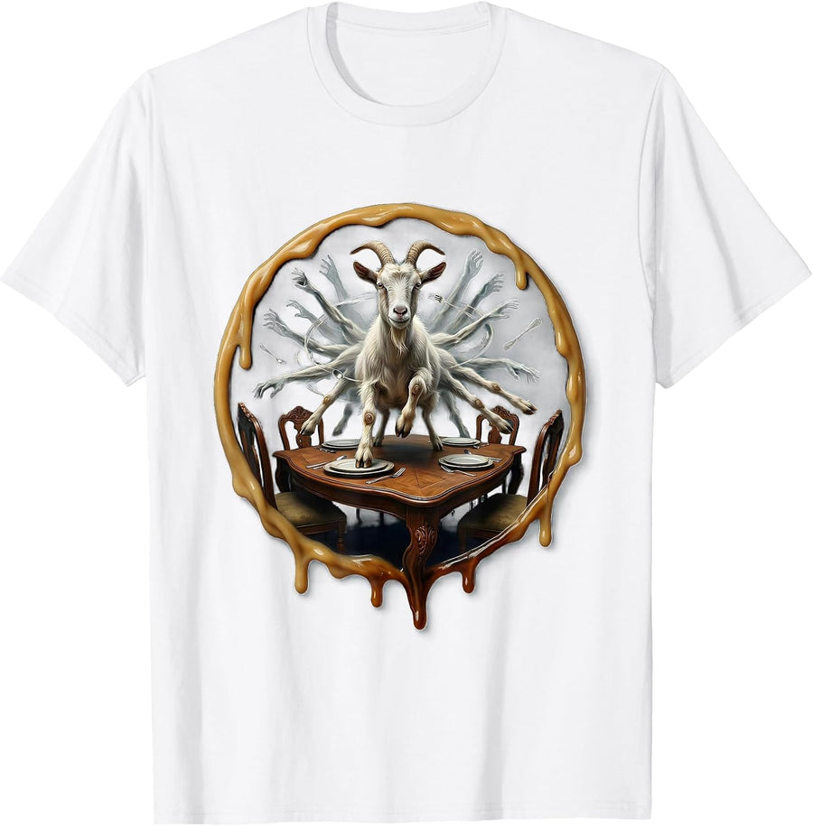 Unhinged Goat Dining Table Rampage Illustration T-Shirt - White