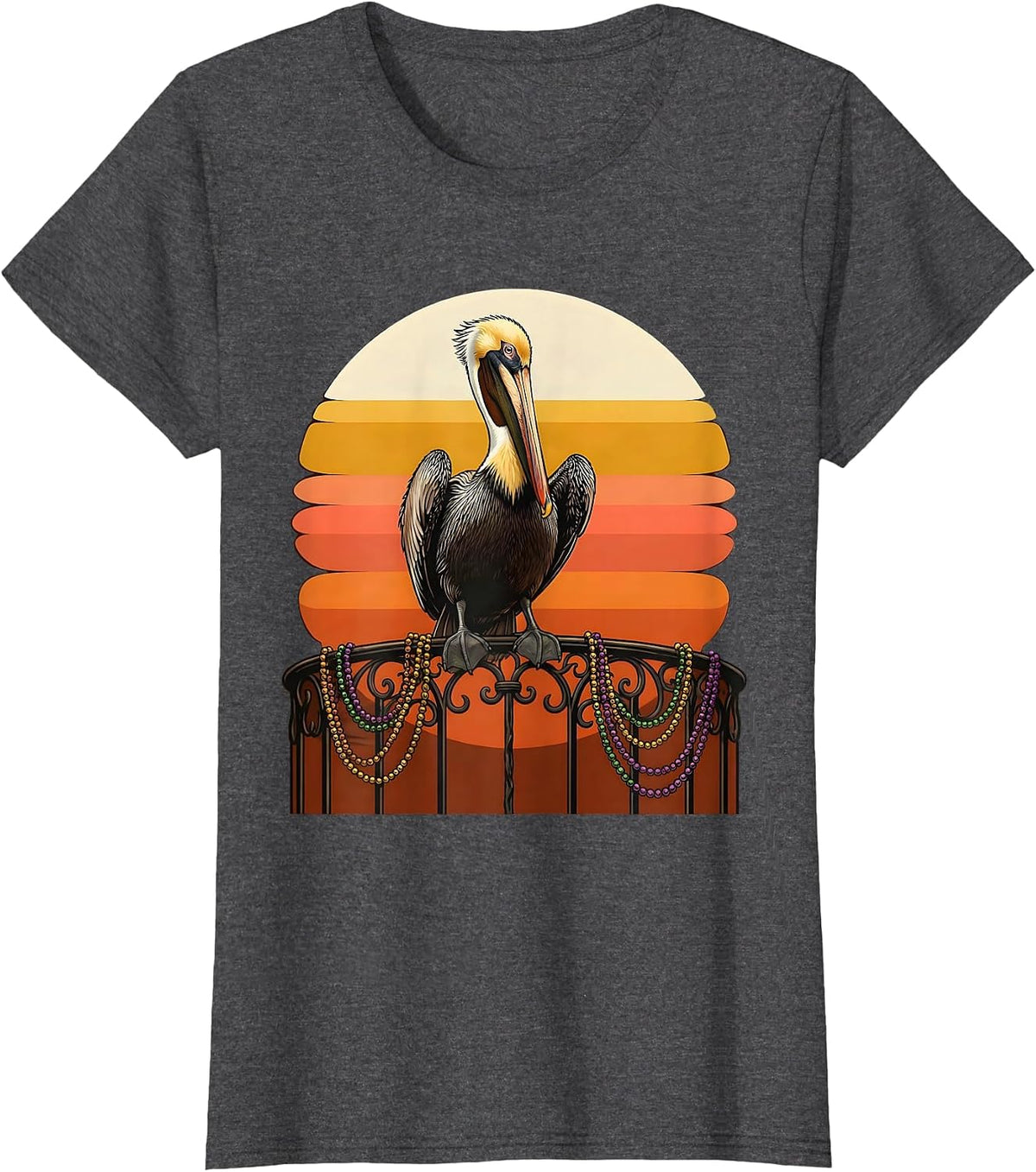 Women's Mardi Gras Pelican Balcony Beads Illustration T-Shirt - Dark Heather Grey